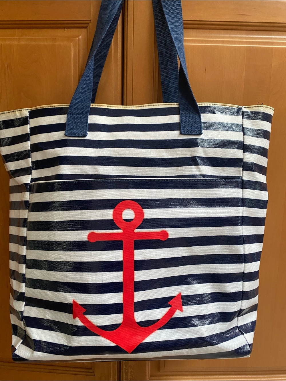Nautical Striped Tote with Red Anchor 18x14